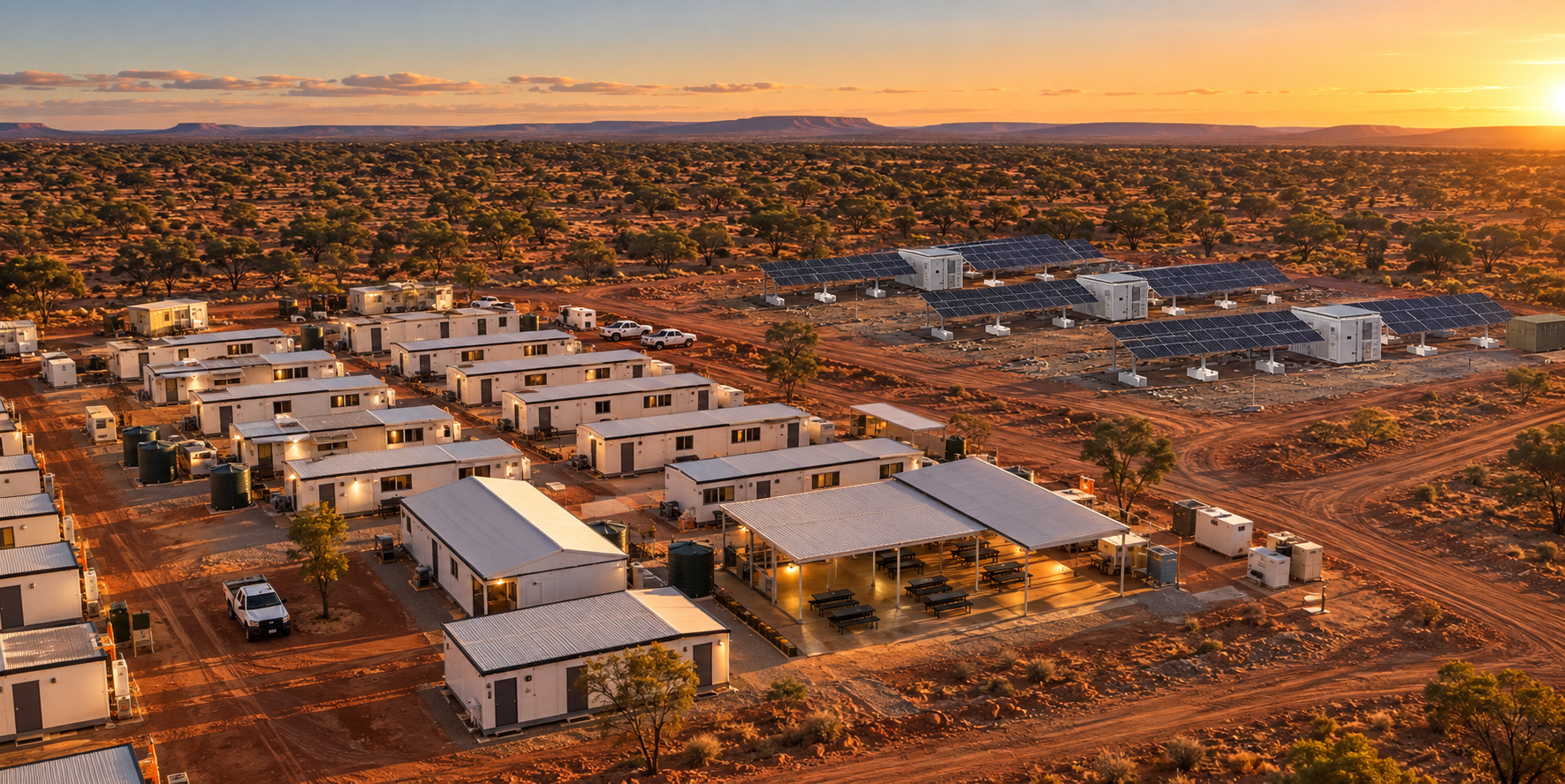 Aerial view of a remote workers' camp with solar arrays at sunset