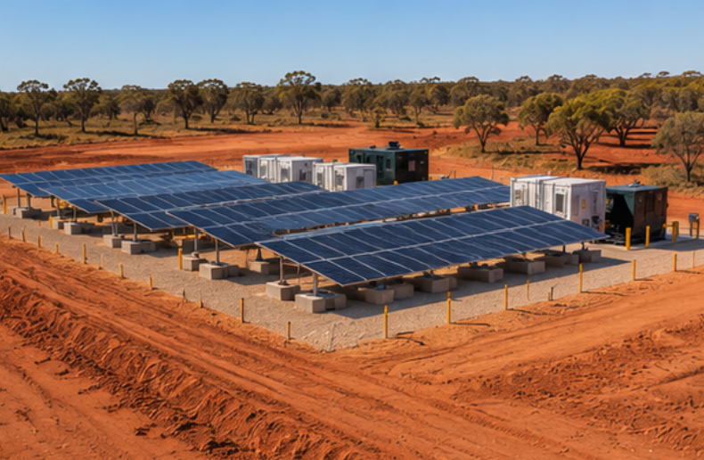 Battery container, solar array and generator on a remote site